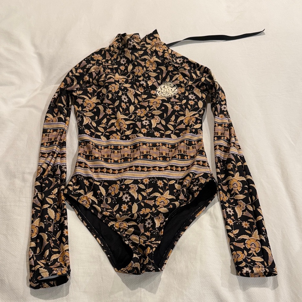 Rip Curl UPF Kids Black & Tan Floral Long-Sleeve One-Piece Swimsuit